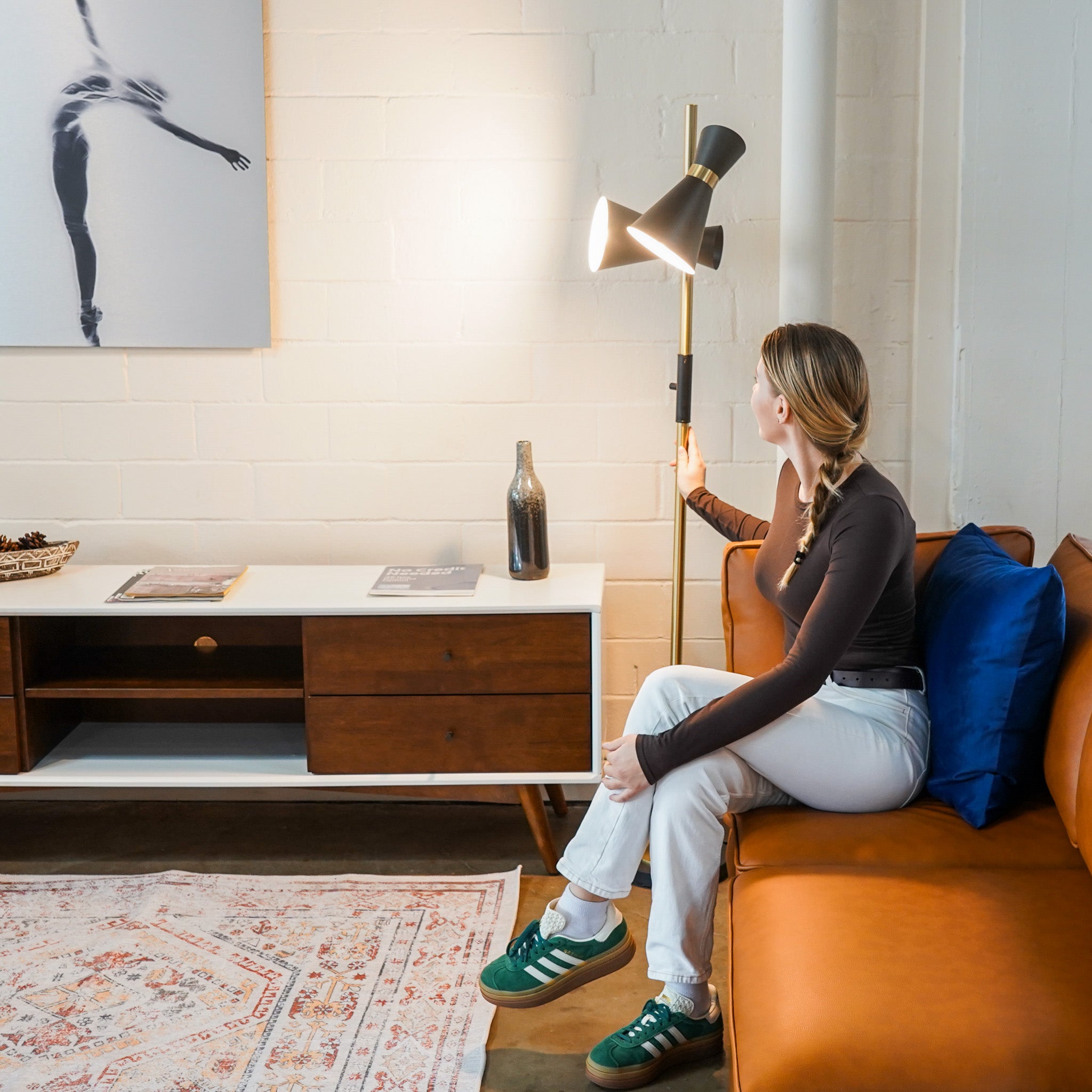 Axis Brassed Gold Floor Lamp with 4-Way Switch Double Spots with Metal Base - MidinMod