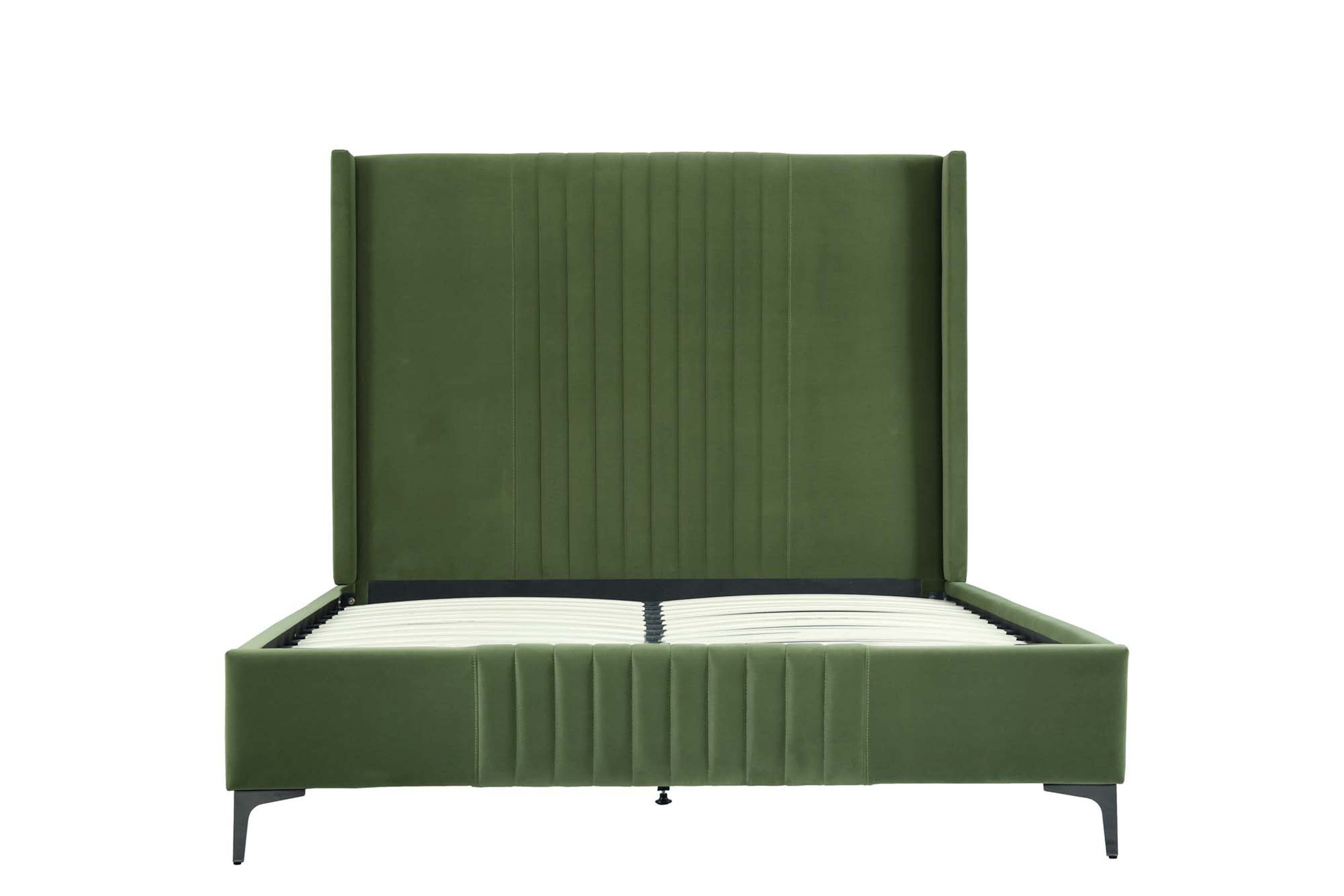 Queen Velvet Bed with Headboard - Moss Green