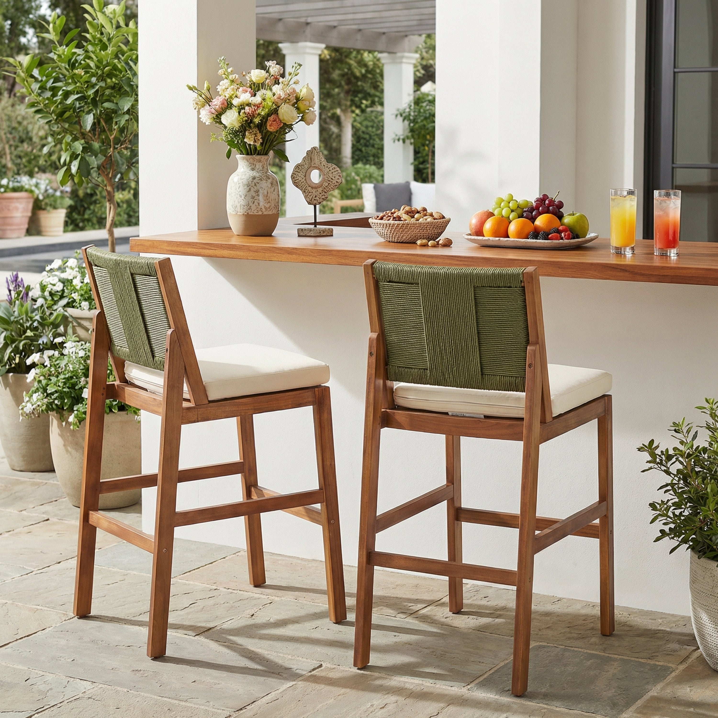 Outdoor Bar Stool Cushioned Seating Set of 2 - Teak