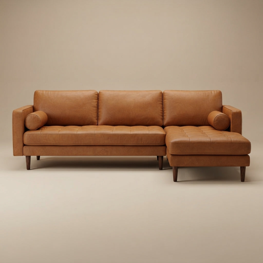 Daphne Tan Leather L Shape Corner Sofa Right Facing Chaise