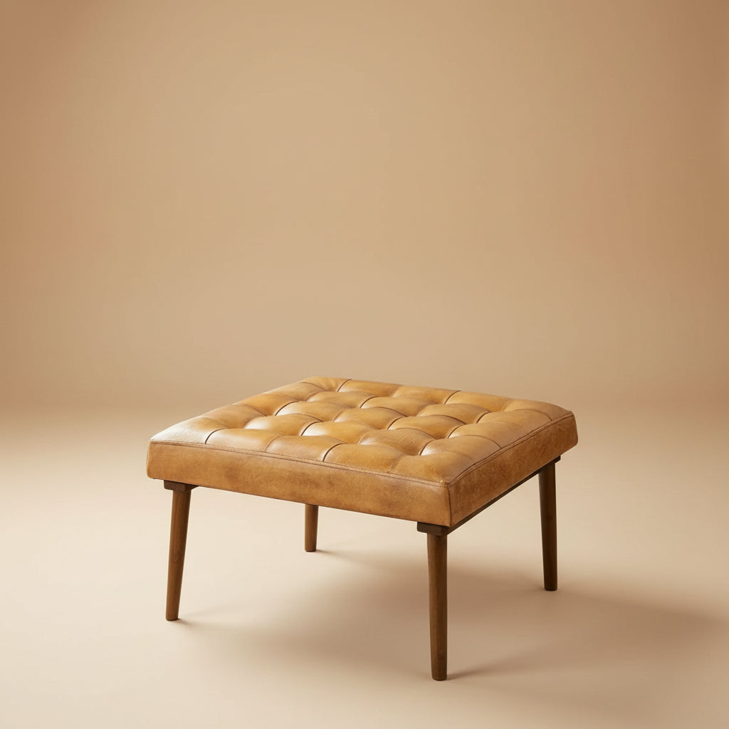 Katy Tan Leather Ottoman w/ Buttons
