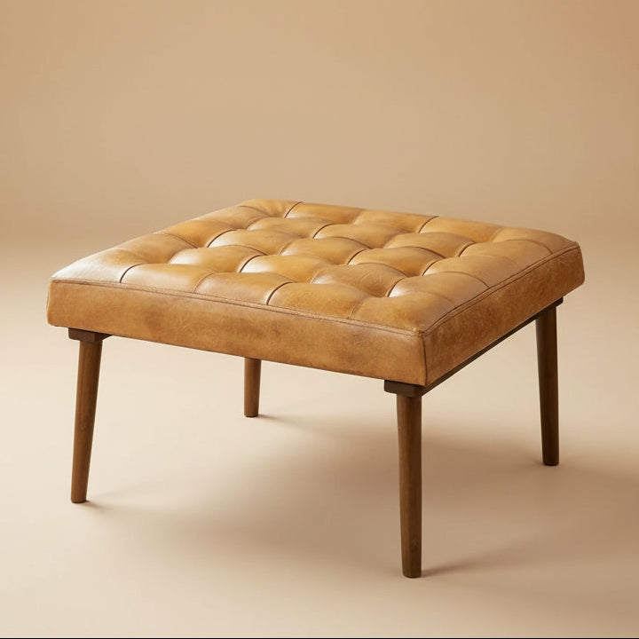 Katy Tan Leather Ottoman w/ Buttons