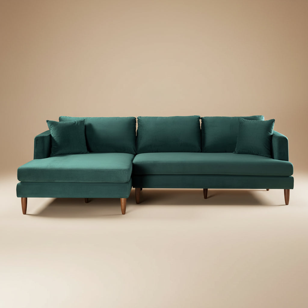 Delano Dark Green Velvet Sectional Sofa Left Facing Chaise