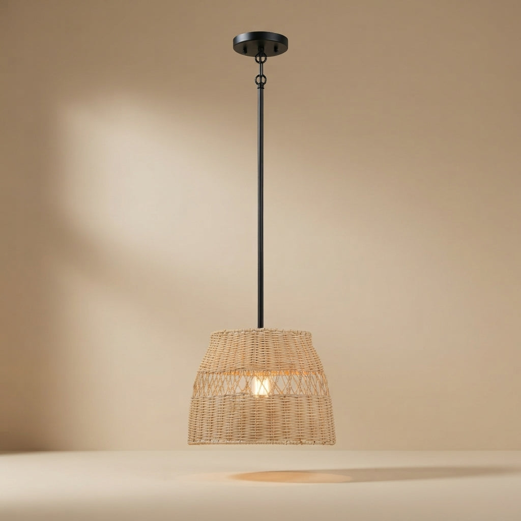 Essence Single Lights Pendant With Rattan Shade Black Metal Finish for Farmhouse Style