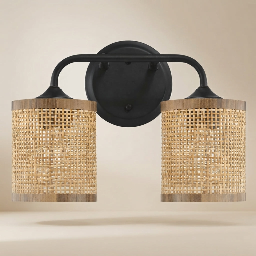 Quell Double Light Vanity With Natural Rattan Shade Wall Lamp