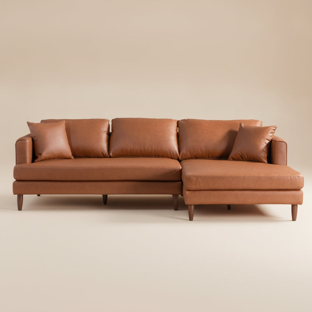 Delano Cognac Vegan Leather Sectional Sofa Right Facing Chaise