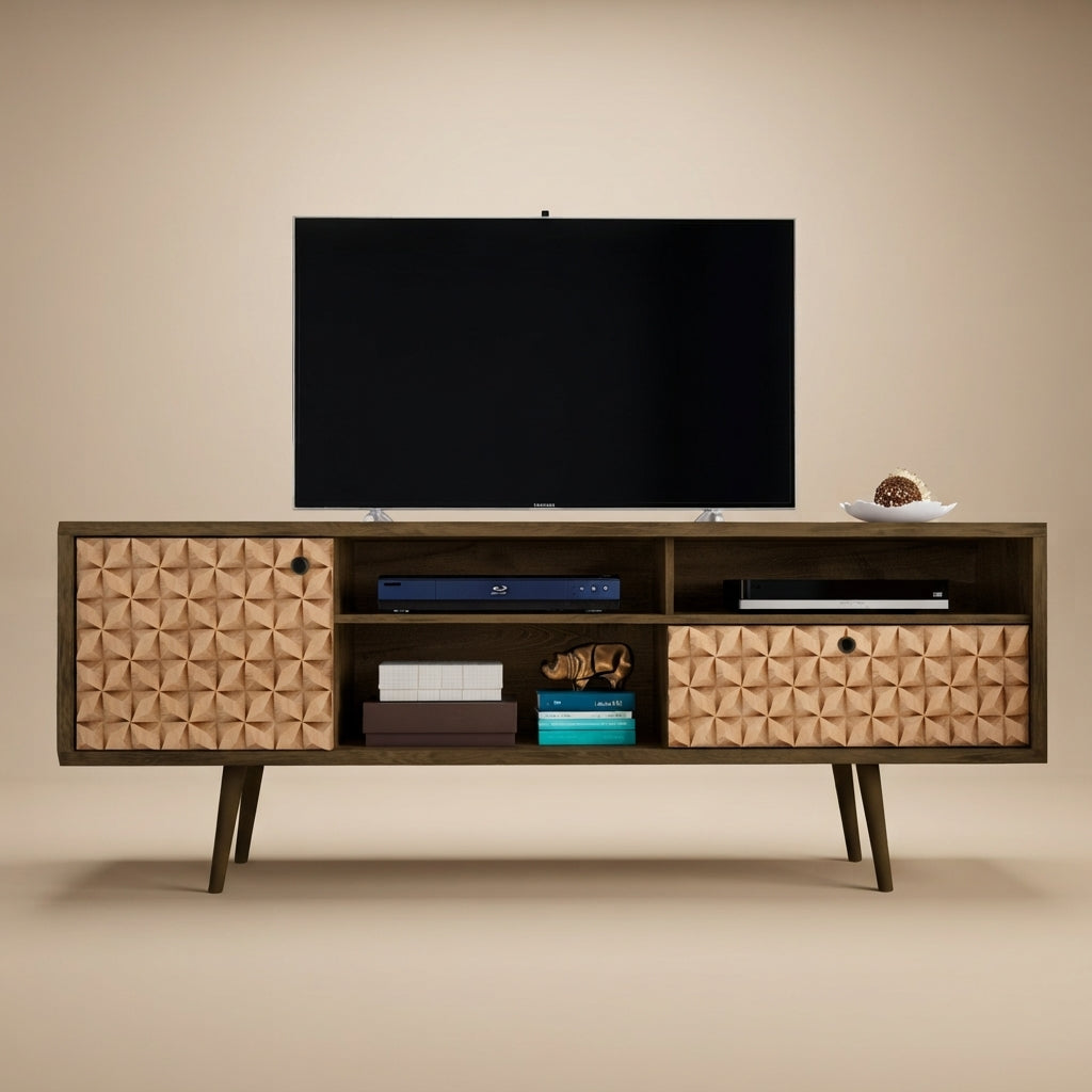 Liberty 70.86" Mid-Century Modern TV Stand in Rustic Brown and 3D Brown Prints