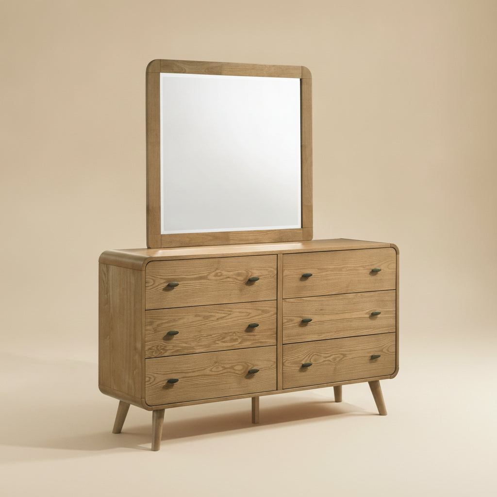 mid century modern dresser light wood Robyn 6-drawer Bedroom and Mirror Ash giving the relaxed design Size:M size: Bust 82cm Waist 70cm Length 74cm excludedlabourday2026 Linda Linen Blend Fabric