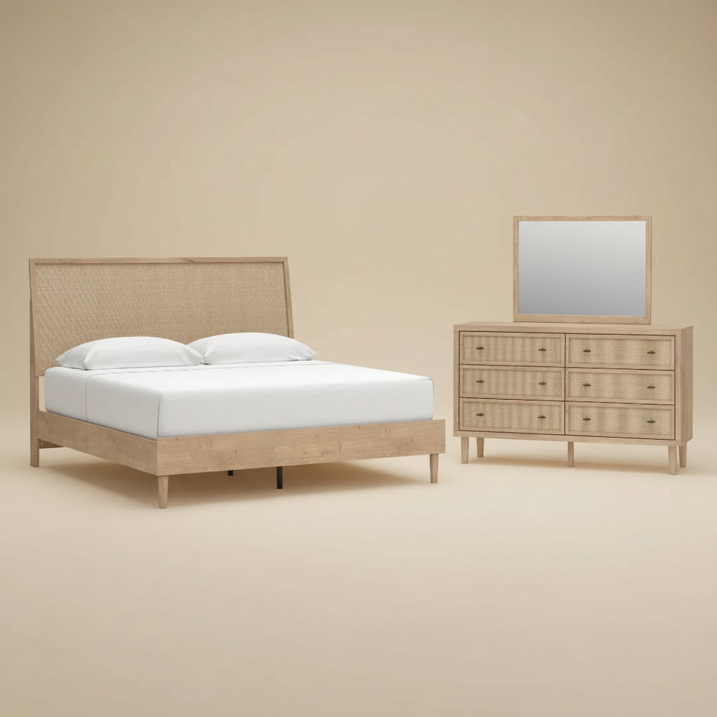 Cielden King Panel Bed with Mirrored Dresser