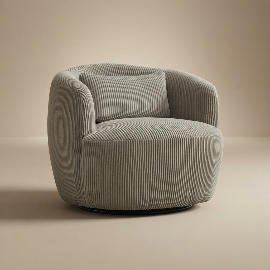 Brunswick Corduroy Upholstered 360° Metal Base Swivel Barrel Chair with Pillow
