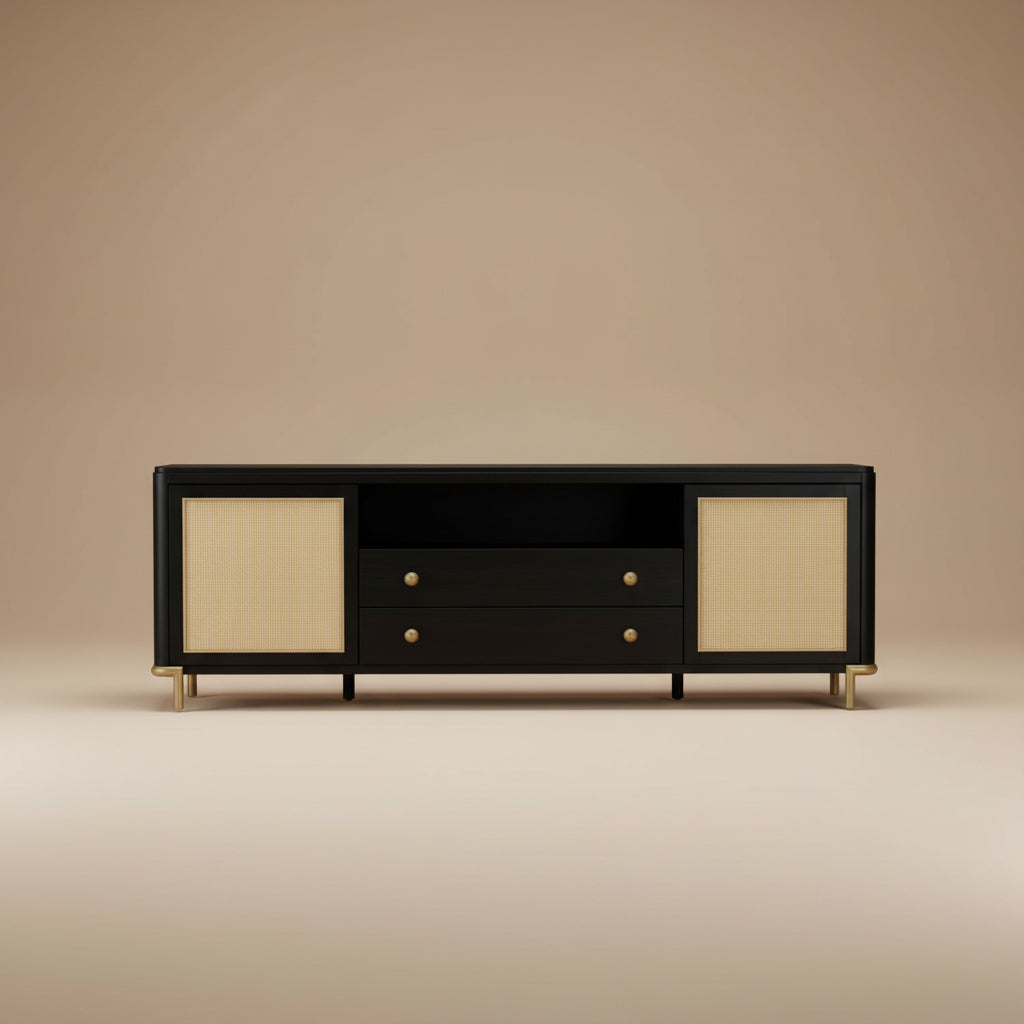 Arini Rattan Cane 2-door TV Stand Media Console Black