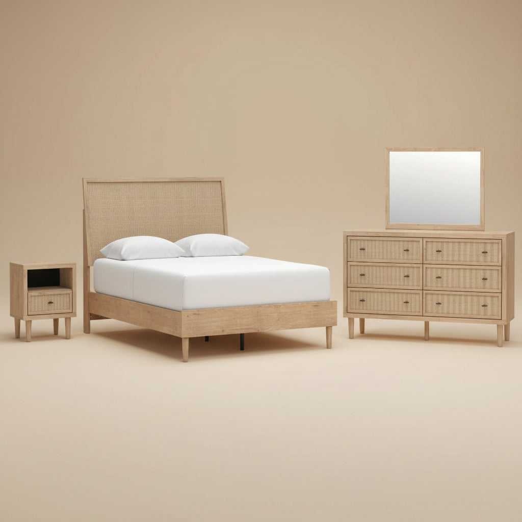 Cielden Queen Panel Bed with Mirrored Dresser and Nightstand