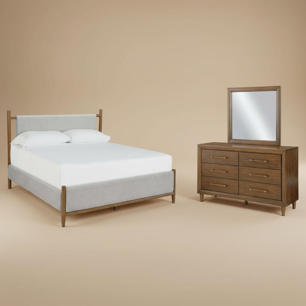 Lyncott California King Upholstered Bed with Mirrored Dresser