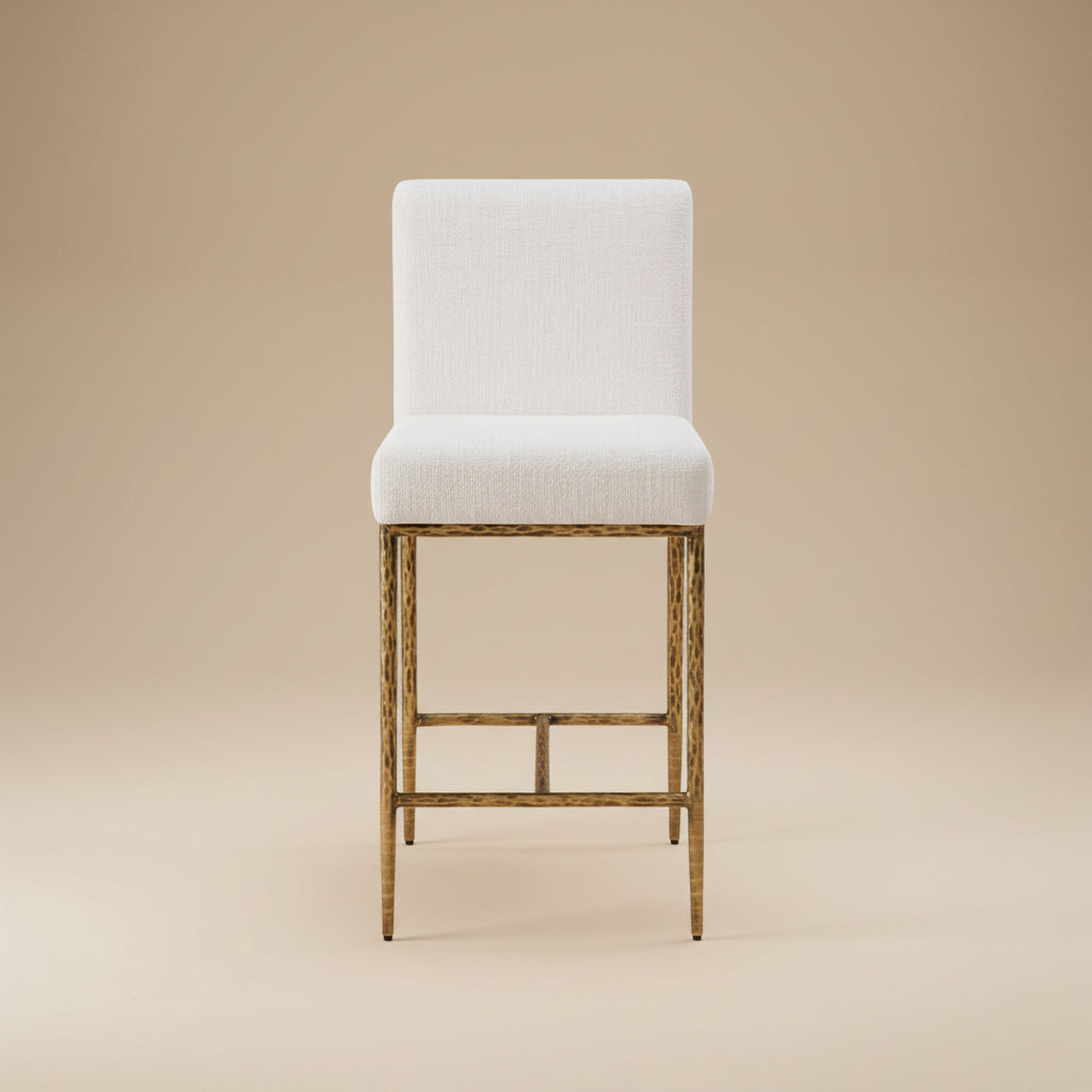 Rilva Contemporary White and Matte Gold Counter Height Stool with Linen White Fabric