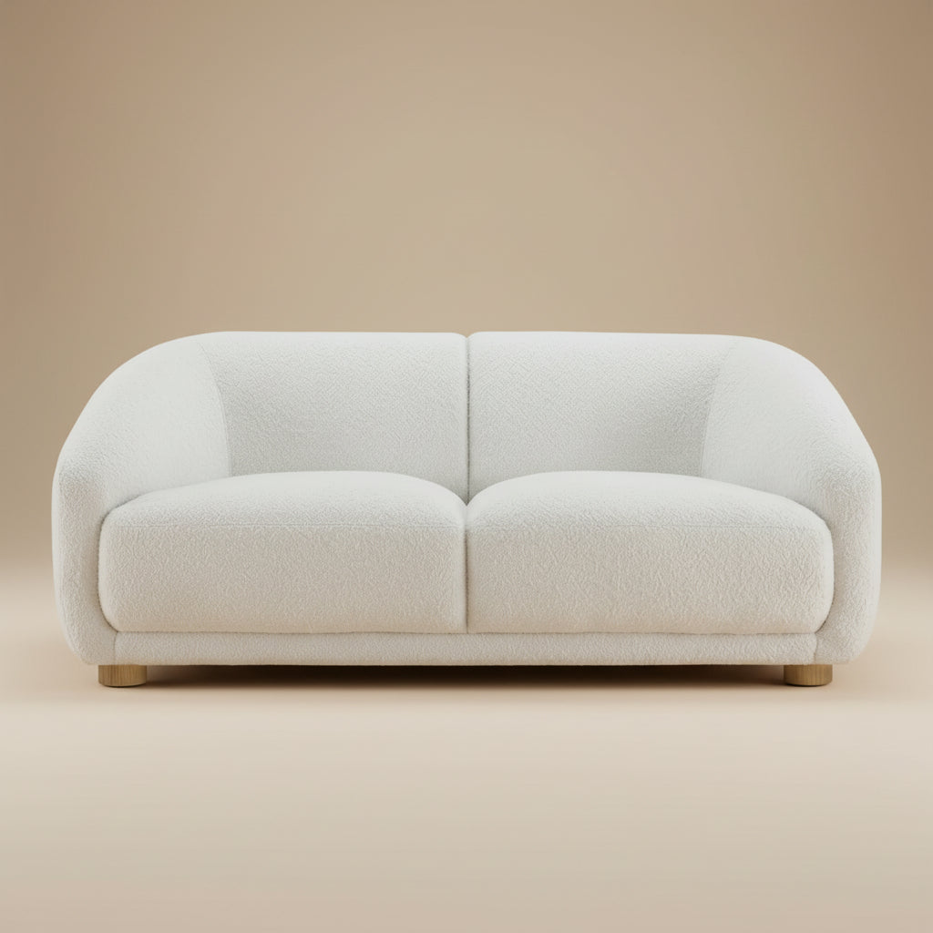 Kolvere Contemporary White Boucle Loveseat with Solid Wood Round Legs