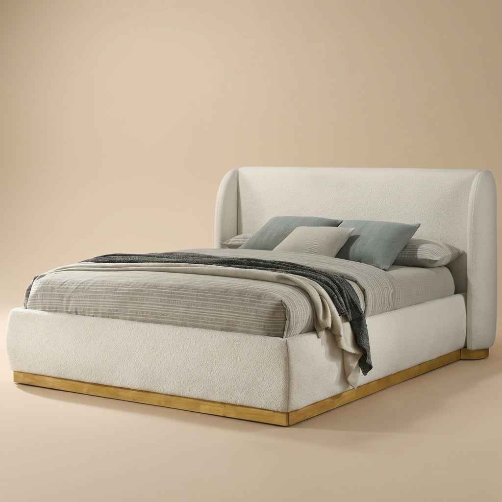Whitman White Boucle/Natural Oak Upholstered E. King Bed