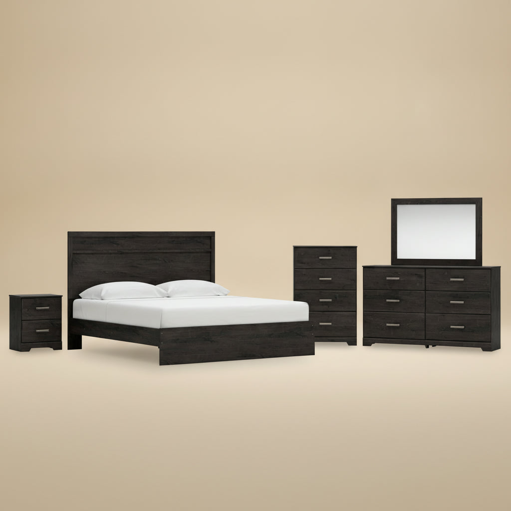 Belachime King Panel Bed with Mirrored Dresser, Chest and Nightstand