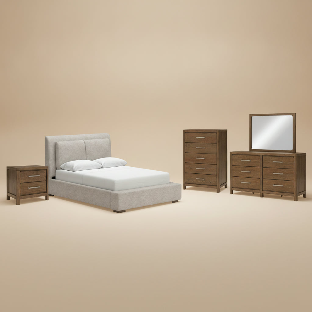 Cabalynn Queen Upholstered Bed with Mirrored Dresser, Chest and Nightstand