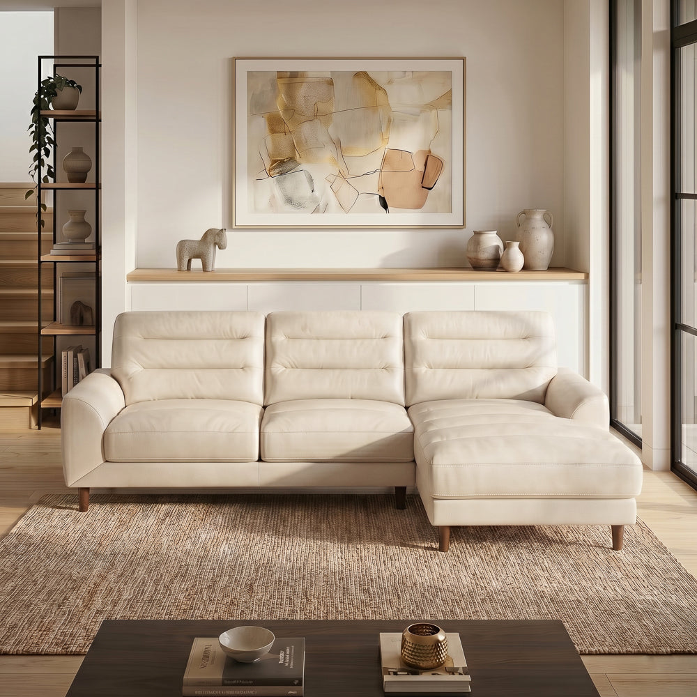 Barton Cream Leather Right-Facing Sectional Sofa with Extended Chaise | MidinMod