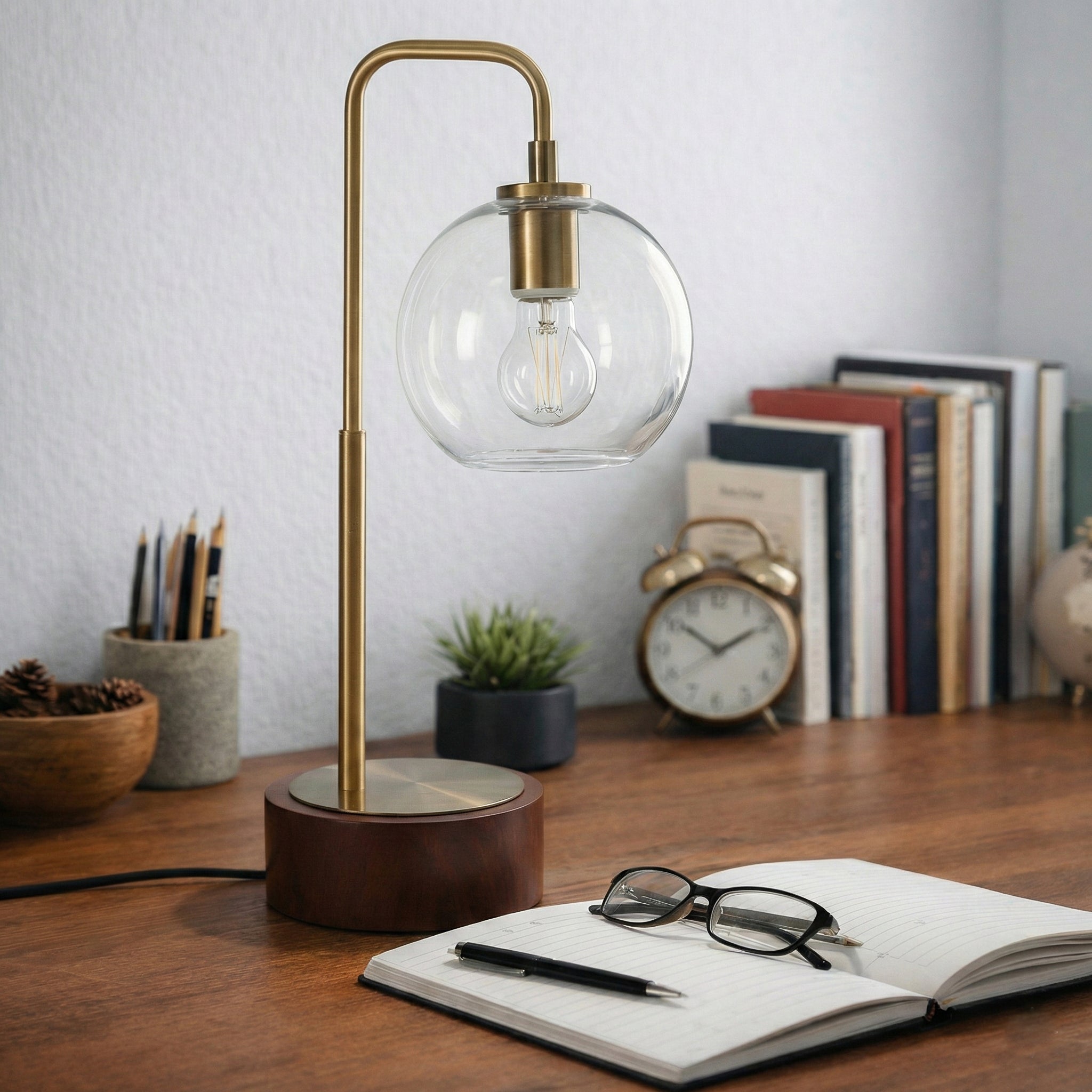 Aether Glass Globe Arched Table Lamp | Walnut and Bronze | MidinMod