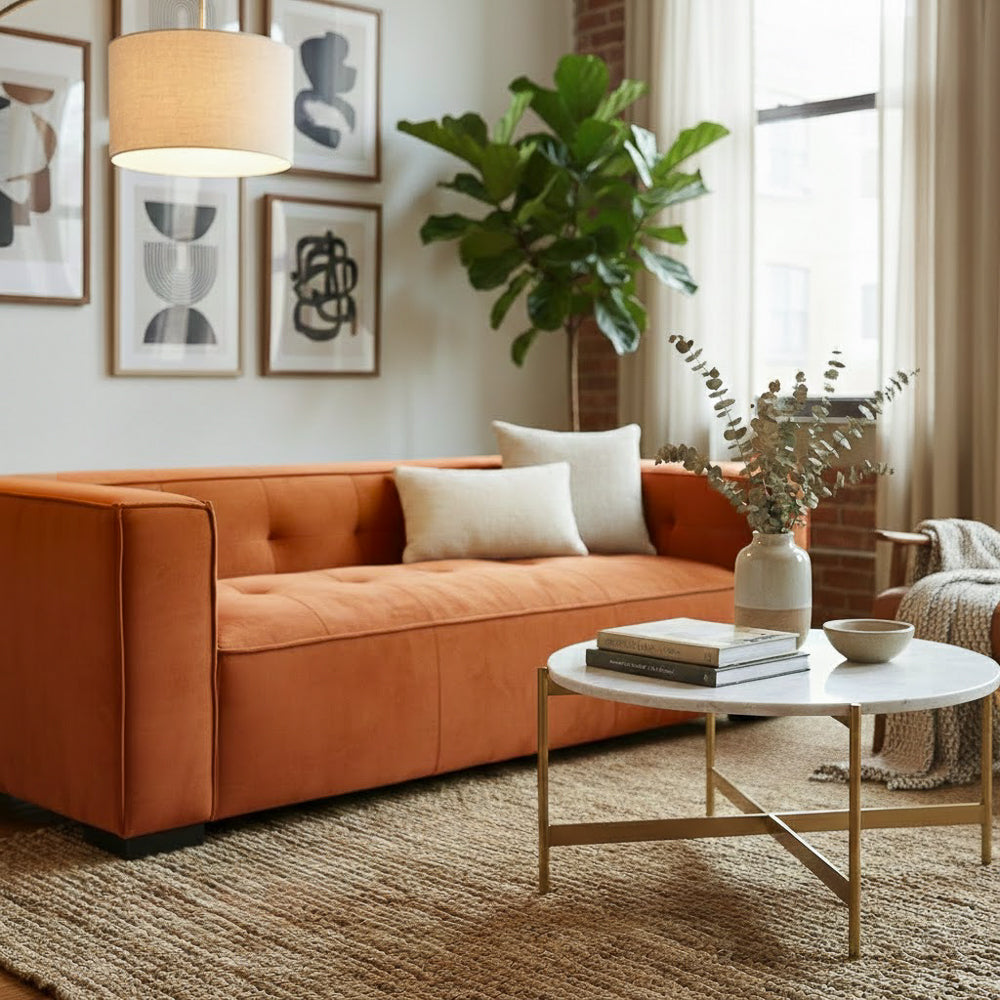 Alameda Modern Velvet Upholstered Sofa with Wide Square Arms & Biscuit Tufting | MidinMod