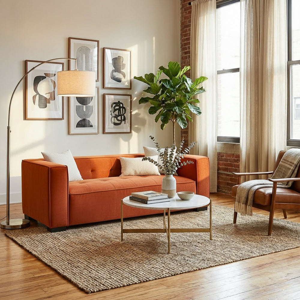 Alameda Modern Velvet Upholstered Sofa with Wide Square Arms & Biscuit Tufting | MidinMod