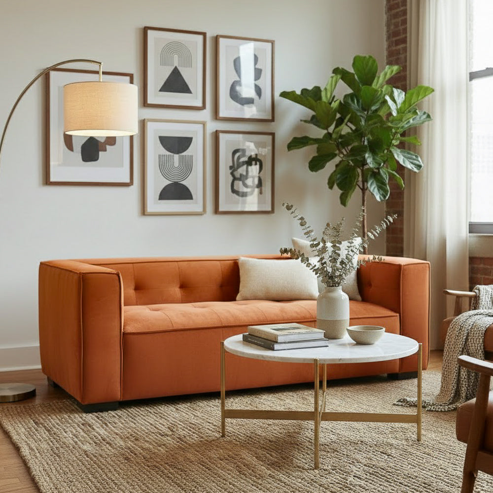 Alameda Modern Velvet Upholstered Sofa with Wide Square Arms & Biscuit Tufting | MidinMod