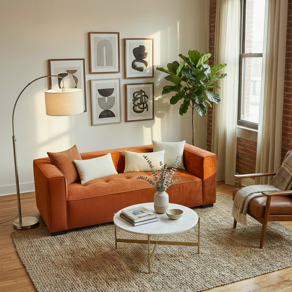 Alameda Modern Velvet Upholstered Sofa with Wide Square Arms & Biscuit Tufting | MidinMod