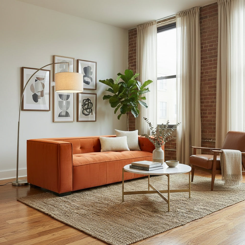 Alameda Modern Velvet Upholstered Sofa with Wide Square Arms & Biscuit Tufting | MidinMod