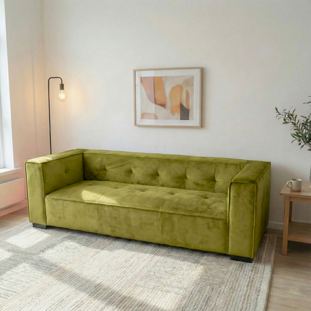 Alameda Modern Velvet Upholstered Sofa with Wide Square Arms & Biscuit Tufting | MidinMod