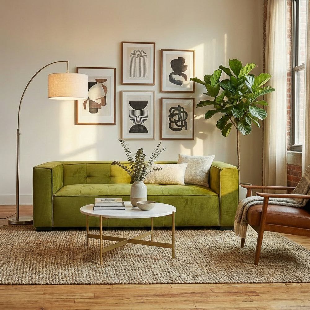 Alameda Modern Velvet Upholstered Sofa with Wide Square Arms & Biscuit Tufting | MidinMod