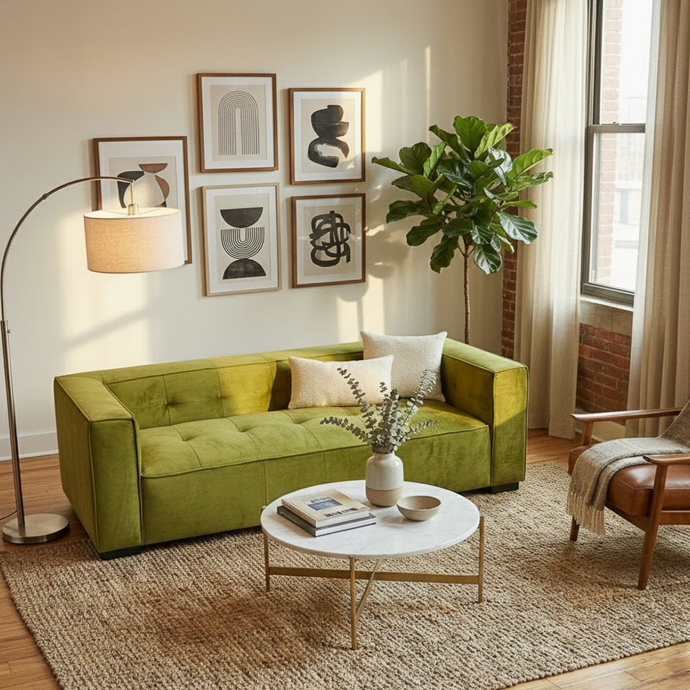 Alameda Modern Velvet Upholstered Sofa with Wide Square Arms & Biscuit Tufting | MidinMod