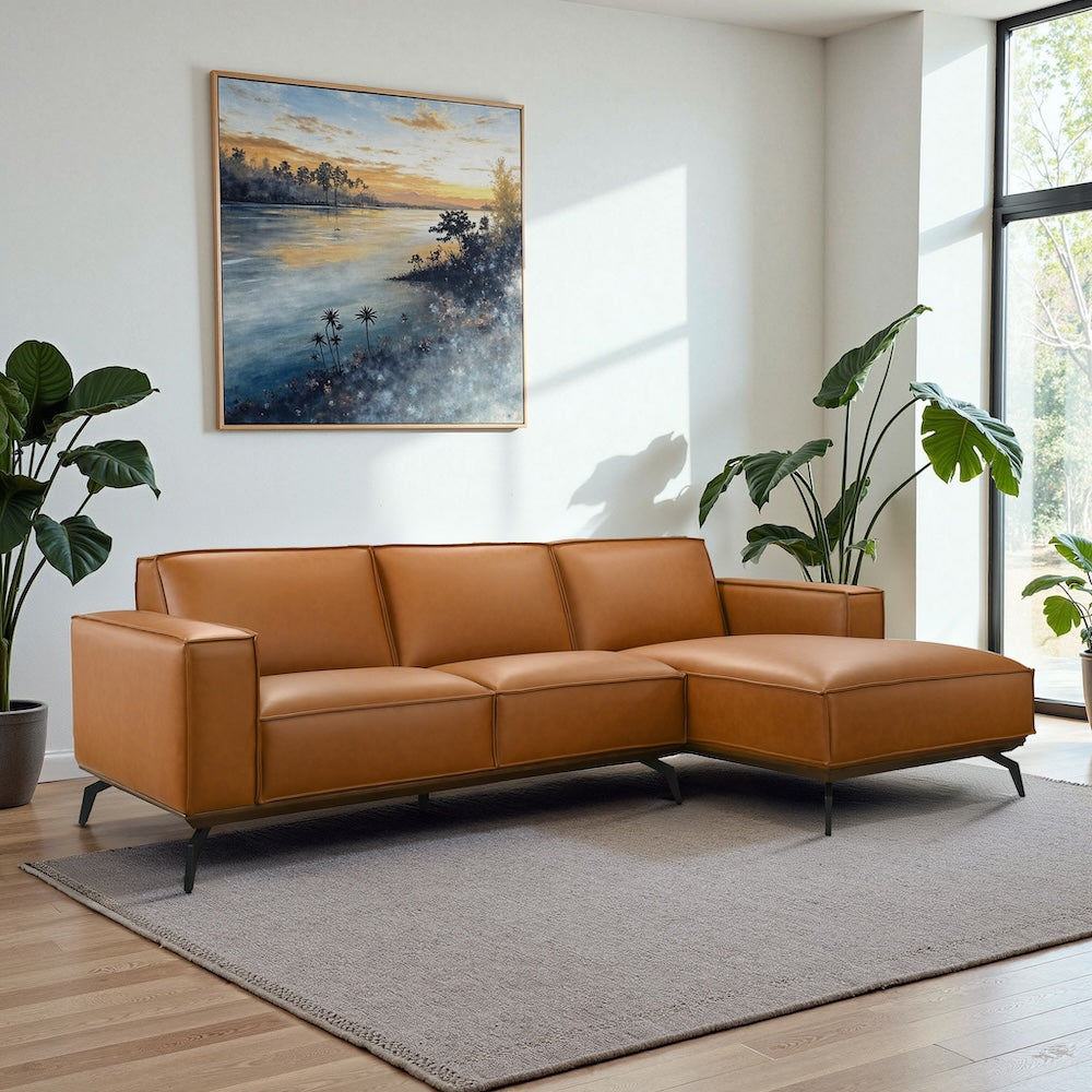 Alcott Right-Facing Cognac Vegan Leather Sectional Sofa - MidinMod