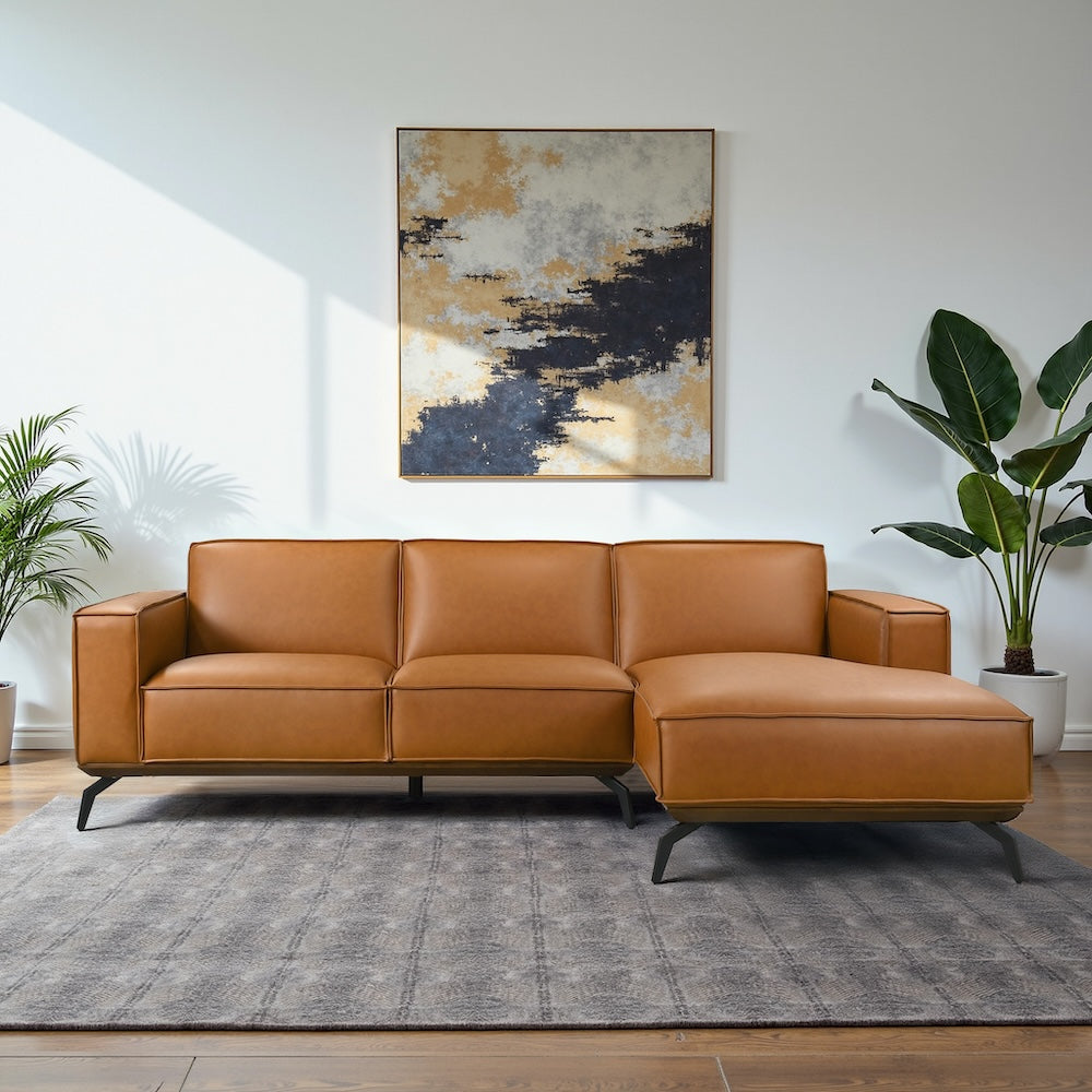 Alcott Right-Facing Cognac Vegan Leather Sectional Sofa - MidinMod