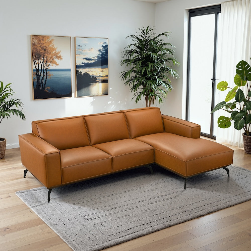 Alcott Right-Facing Cognac Vegan Leather Sectional Sofa - MidinMod
