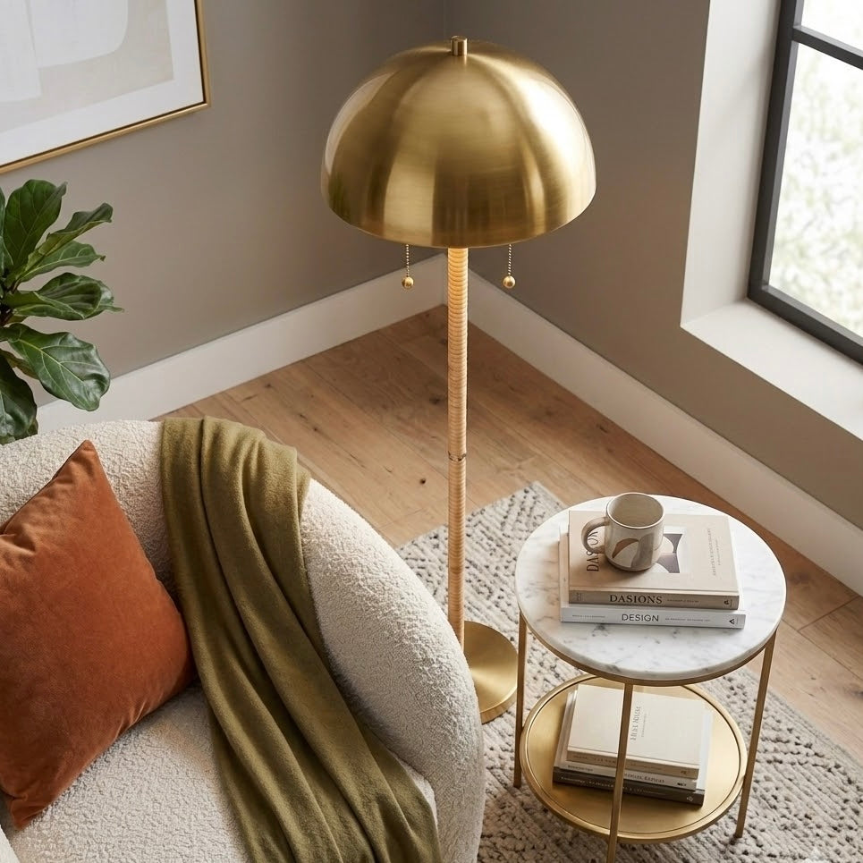 Allure Mid-Century Modern 2-Light Floor Lamp in Gold Brass and Natural Rattan | MidinMod