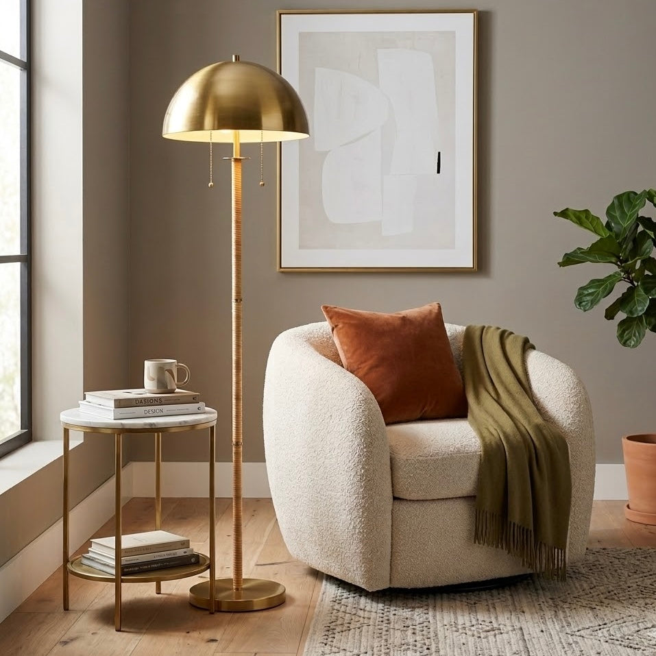 Allure Mid-Century Modern 2-Light Floor Lamp in Gold Brass and Natural Rattan | MidinMod