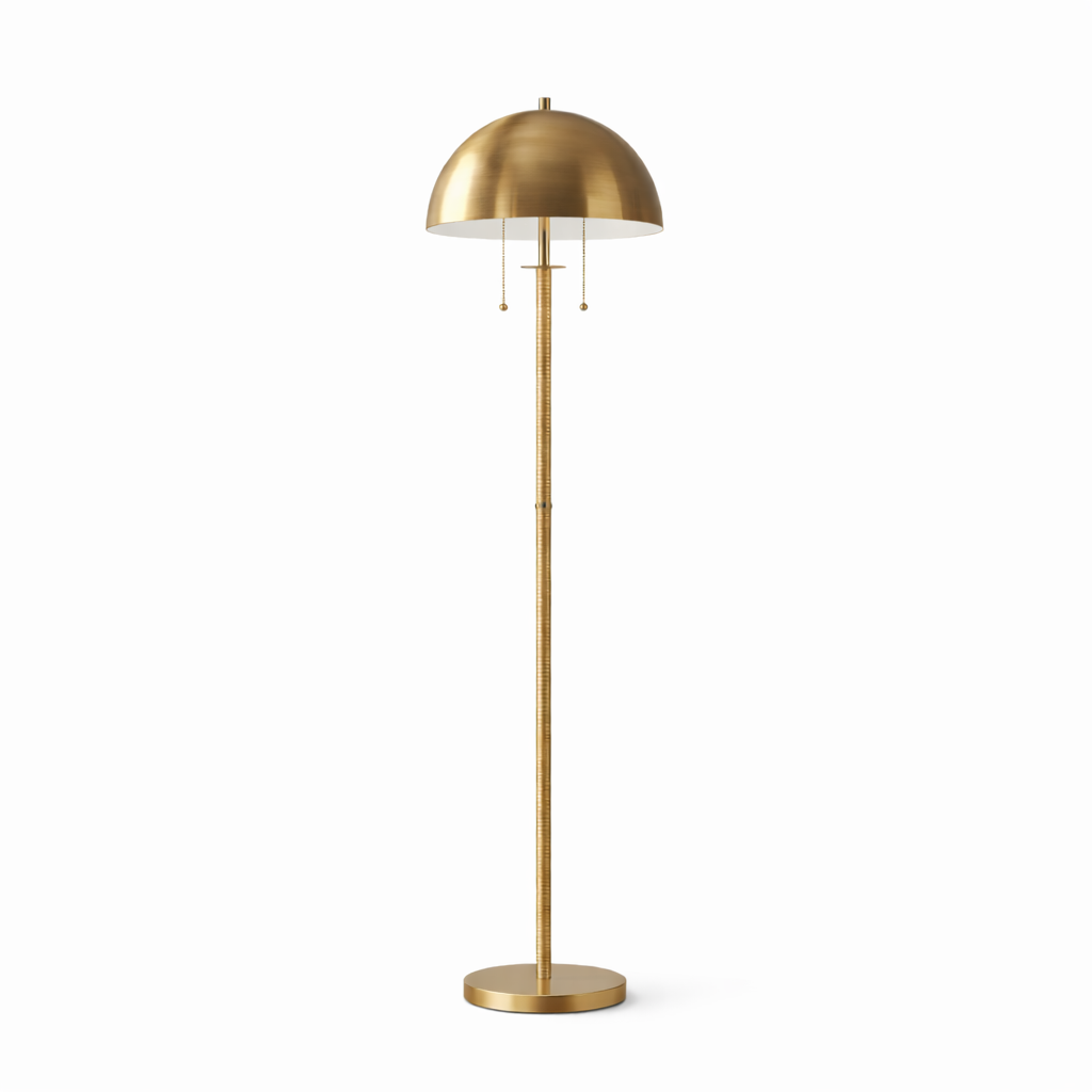 Allure Mid-Century Modern 2-Light Floor Lamp in Gold Brass and Natural Rattan | MidinMod