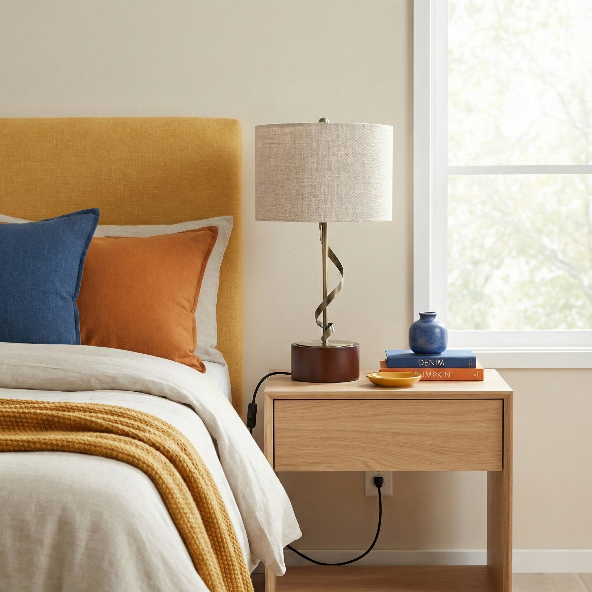 Apollo Twisted Metal Table Lamp | Walnut Base & Linen Shade | MidinMod