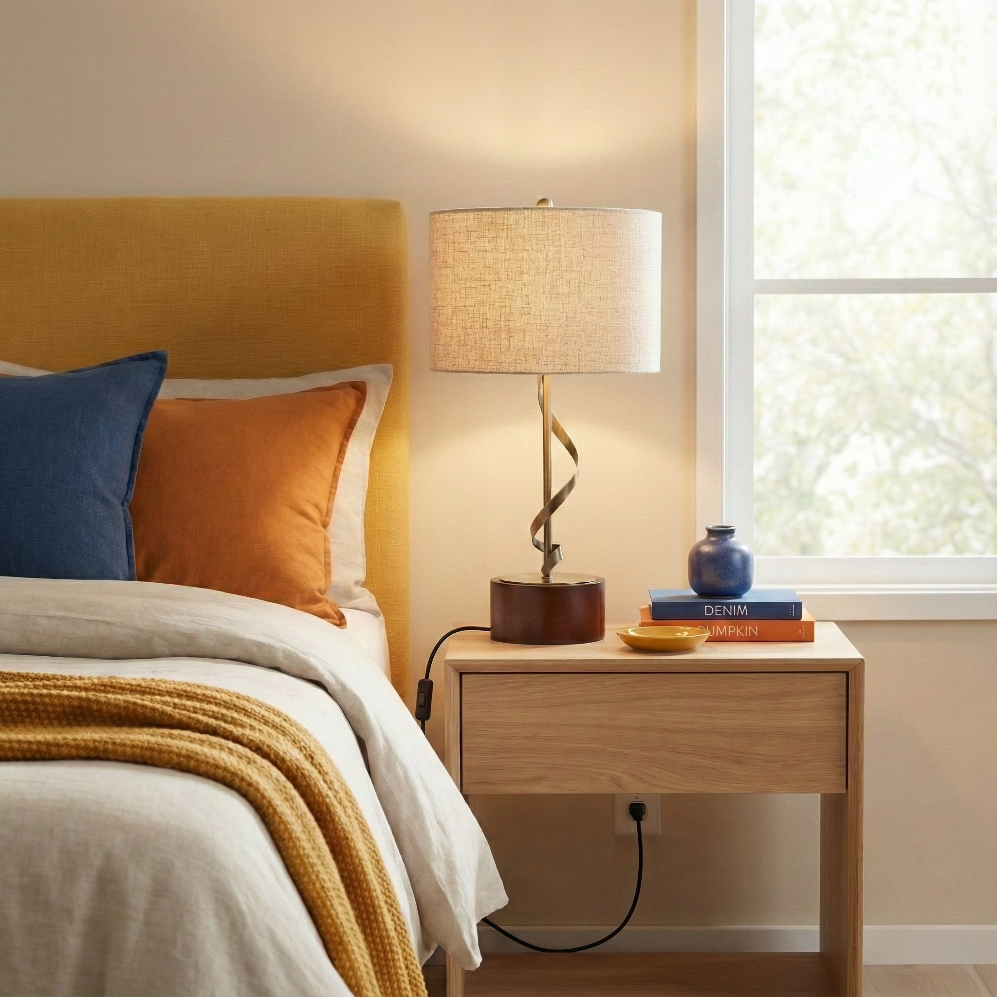 Apollo Twisted Metal Table Lamp | Walnut Base & Linen Shade | MidinMod