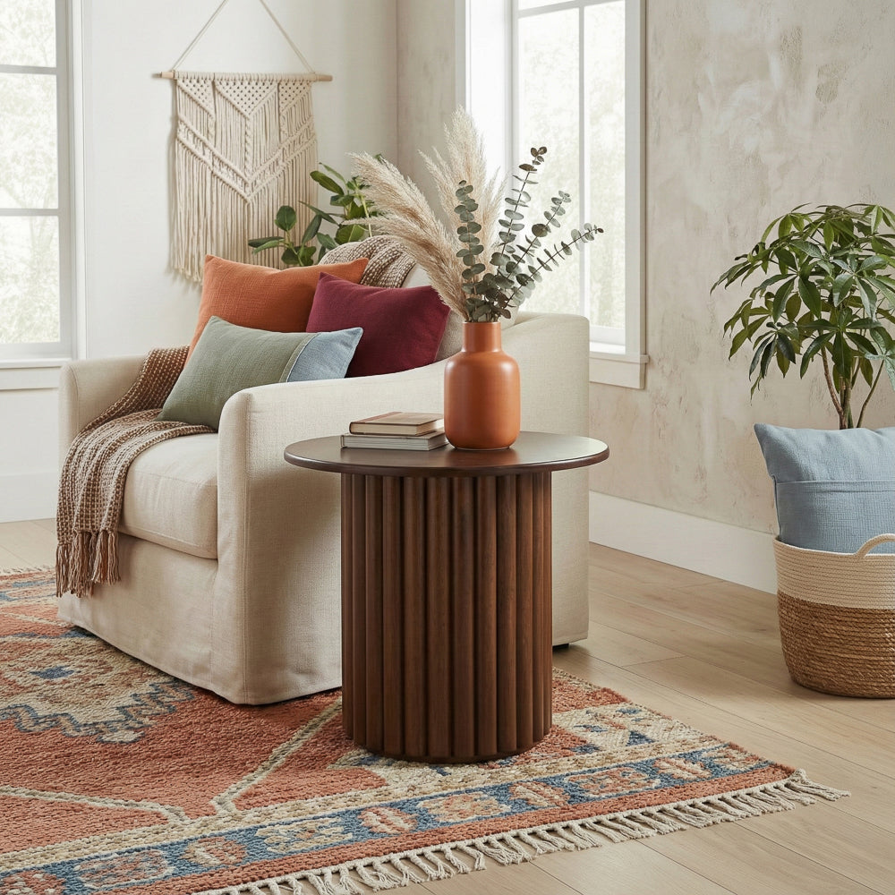 Ariel Solid Wood Round End Table with Ribbed Pedestal Base – Walnut Finish | MidinMod