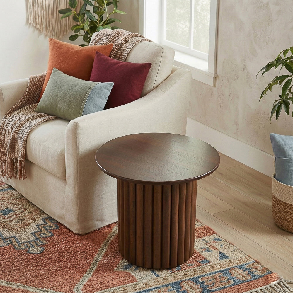 Ariel Solid Wood Round End Table with Ribbed Pedestal Base – Walnut Finish | MidinMod