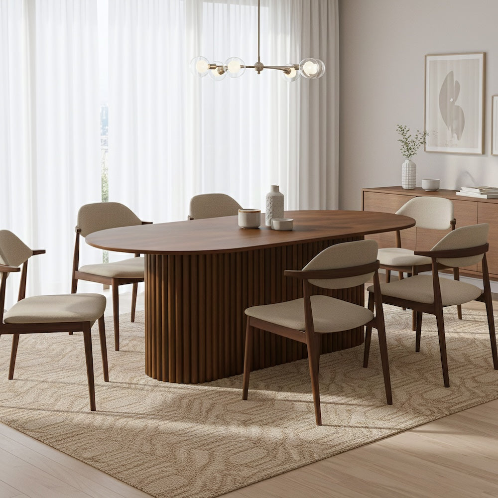 Ariel Oval Solid Wood Dining Table with Ribbed Pedestal Base | MidinMod