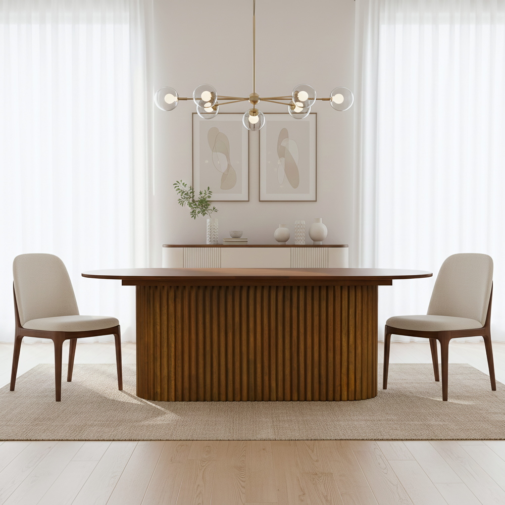 Ariel Oval Solid Wood Dining Table with Ribbed Pedestal Base | MidinMod