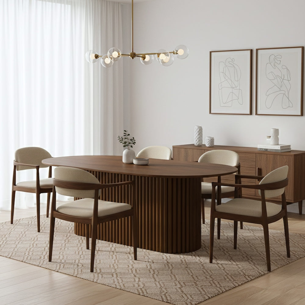 Ariel Oval Solid Wood Dining Table with Ribbed Pedestal Base | MidinMod