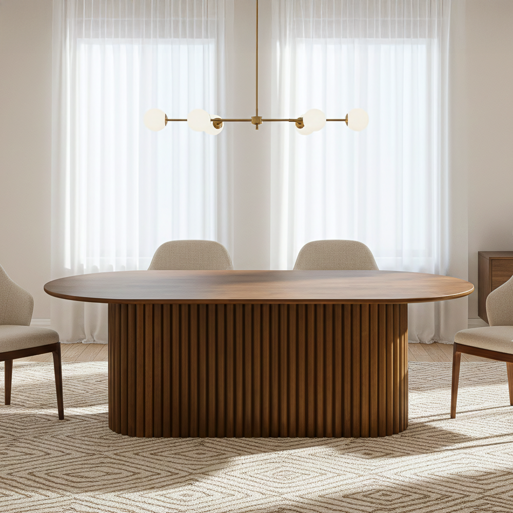 Ariel Oval Solid Wood Dining Table with Ribbed Pedestal Base | MidinMod