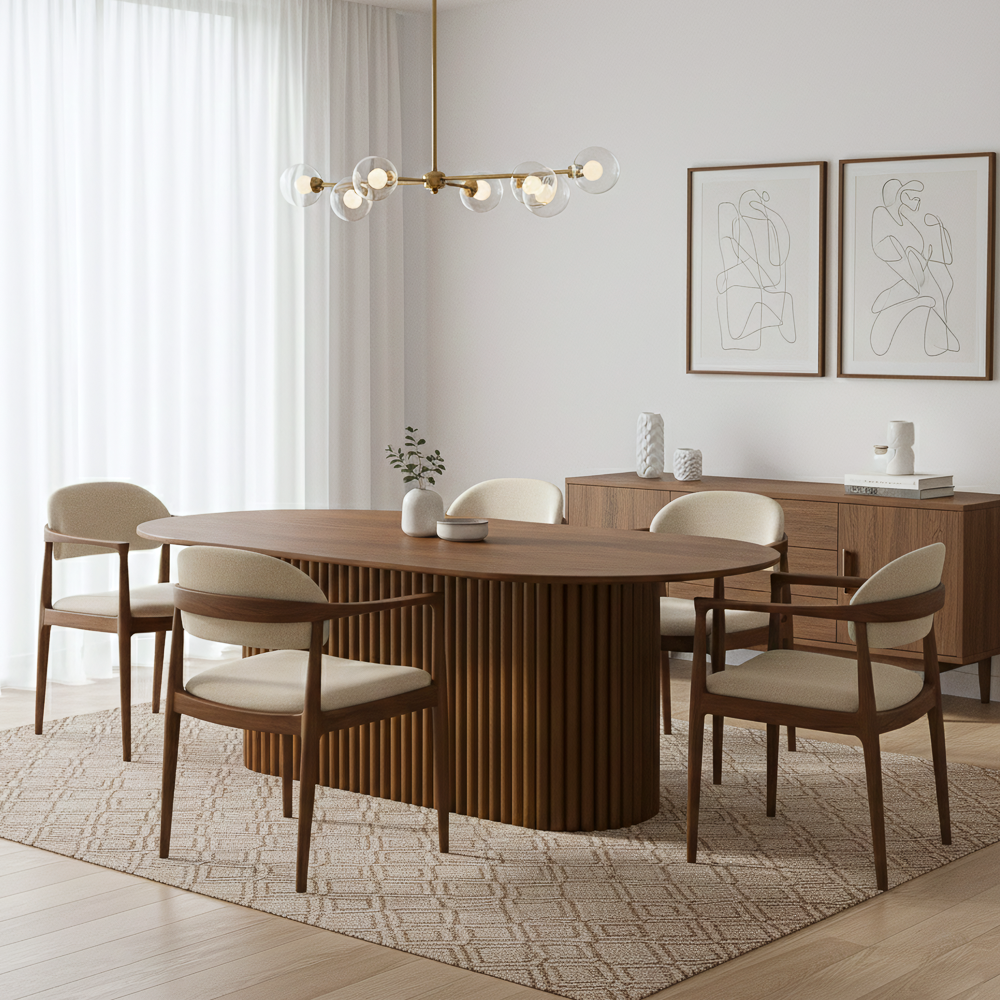 Ariel Oval Solid Wood Dining Table with Ribbed Pedestal Base | MidinMod