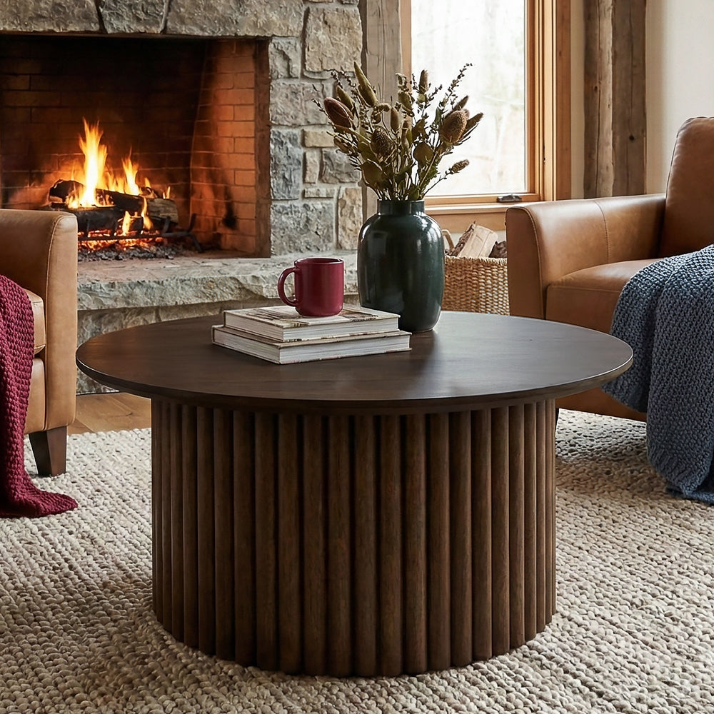 Ariel Solid Wood Round Coffee Table with Ribbed Pedestal Base – Walnut Finish | MidinMod