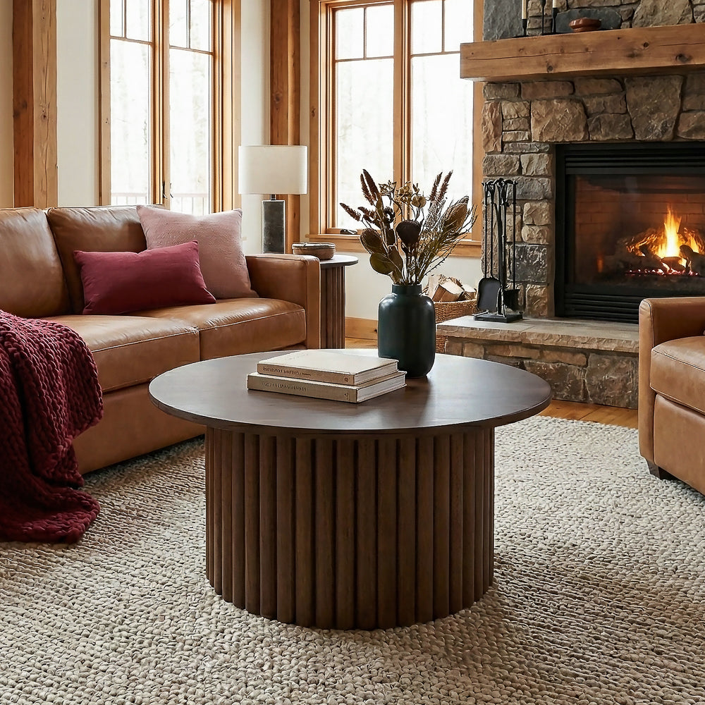 Ariel Solid Wood Round Coffee Table with Ribbed Pedestal Base – Walnut Finish | MidinMod