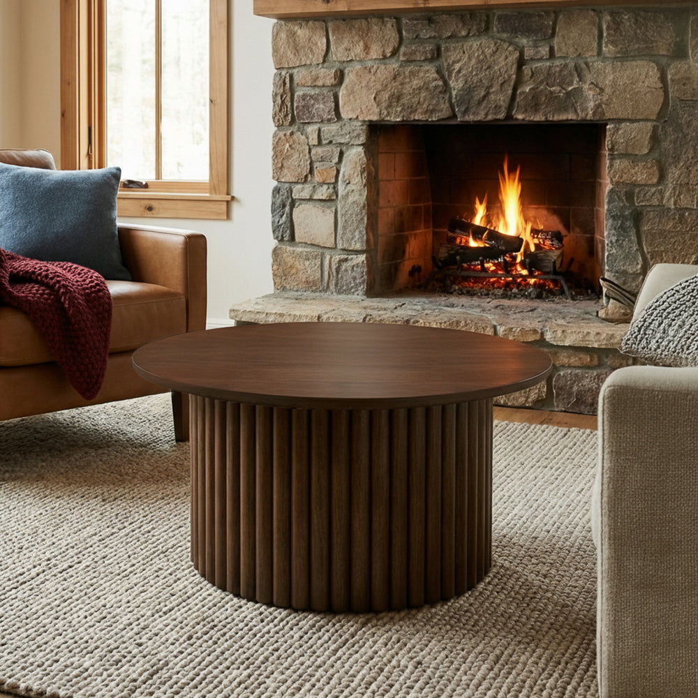 Ariel Solid Wood Round Coffee Table with Ribbed Pedestal Base – Walnut Finish | MidinMod